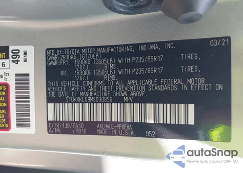 2021 Toyota Sienna Le из США, поврежденный, VIN 5TDKRKEC9MS030856